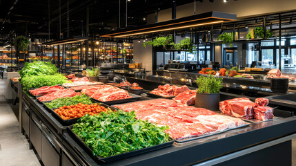 Vibrant display of various cuts of meat and fresh produce at a modern market. concept of culinary variety, fresh ingredients, gourmet shopping