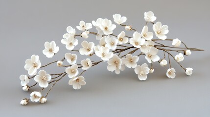 A bouquet of tiny white blossoms gently held against a light grey background. Minimalist and fresh floral theme.