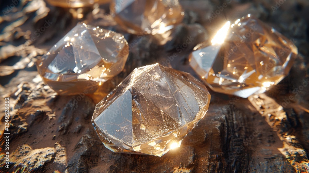 Poster shimmering crystals rest on a textured surface, their facets catching the light and creating dazzlin