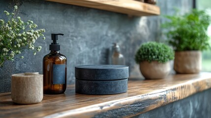 Fototapeta premium Elegant bathroom shelf with apothecary bottle and greenery accents for modern decor