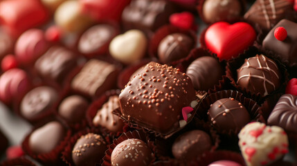 Fototapeta premium Assortment of fine chocolate candies, white, dark, and milk chocolate Sweets bonbon background. Copy space. Top view.