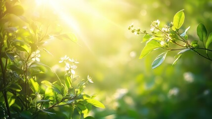 Fototapeta premium A dreamy scene of lush greenery, illuminated by warm sun rays, with delicate buds preparing to bloom in a peaceful garden