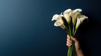 Elegant hand holding a bouquet of calla lilies against a deep navy blue background. Sophisticated and refined floral concept.