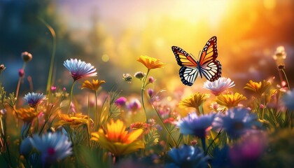 butterfly on blooming meadow at sunset 