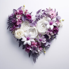 Valentine's Day flower arrangement in shape of a heart, made of fresh pastel flowers and leaves. Copy space. Soft pastel background, flat lay. Floral love decoration.