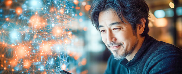 Professional man engaged in technology analysis with digital data visualization in a modern workspace setting