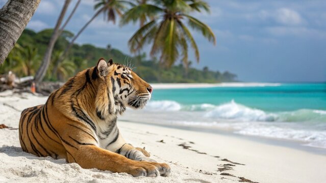 A breathtaking hyper realistic 16K resolution artistic reconstruction of a Bali Tiger basking AI Generative