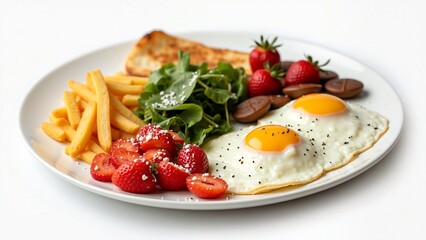 Delicious Breakfast Plate with Fried Eggs, Fries, Strawberries, and Salad