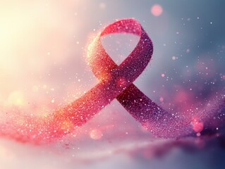 Glittering pink ribbon in soft light for breast cancer awareness and hope