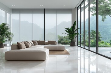 Fototapeta premium Modern living room with large windows overlooking lush greenery and mountains