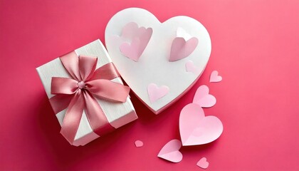 Obraz premium White Gift Box with Paper Heart on Pink Background – Valentine's Day Concept