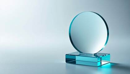 Elegant glass trophy with a round reflective surface on a minimalist background