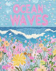 Colorful Floral Design With Ocean Waves and Cheerful Skies at a Sunny Seaside