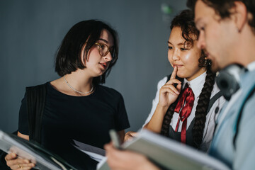 Group of students gathered in a school hallway, engaged in a lively discussion between classes. They are sharing notes and ideas, creating a collaborative learning environment.