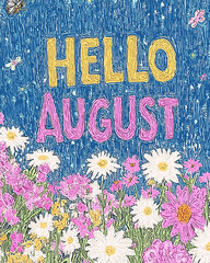 Colorful Illustration Featuring Flowers and the Phrase Hello August Against a Blue Background in a Vibrant Summer Scene