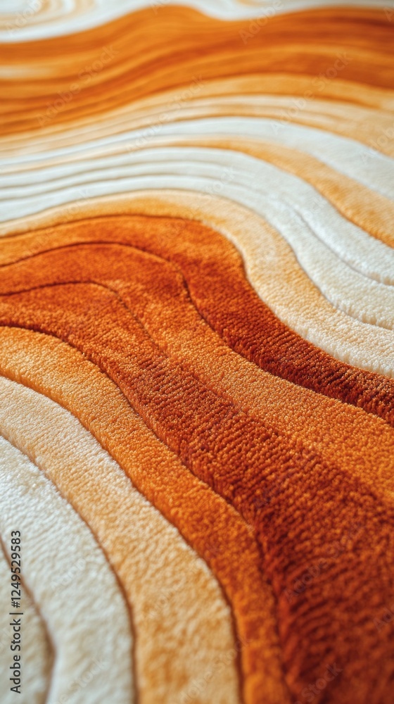 Poster Close-up view of a stunning orange and cream rug featuring swirling line patterns that create a wavy appearance. This design enhances the cozy ambiance of a living room