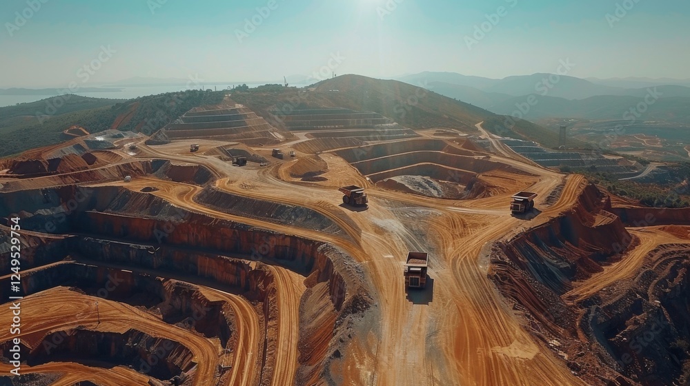 Leinwandbilder massive dump trucks navigate through a large open pit mining operation, showcasing the layered earth