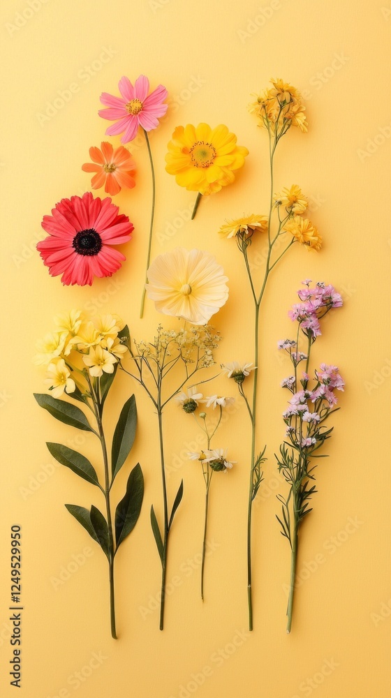 Poster A stunning array of beautiful flowers in various shapes and colors is artistically arranged on a bright yellow backdrop. This captivating display invites creativity and joy, perfect for various uses