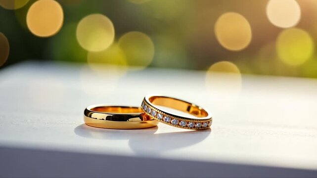 Golden classic wedding rings one with diamonds on white tabble and bokeh lights romantic background, elegant symbol of love and commitment in warm sunlight, jewelry engagement concept
