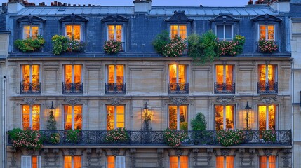 Parisian Building Illuminated at Dusk with Flowered Balconies