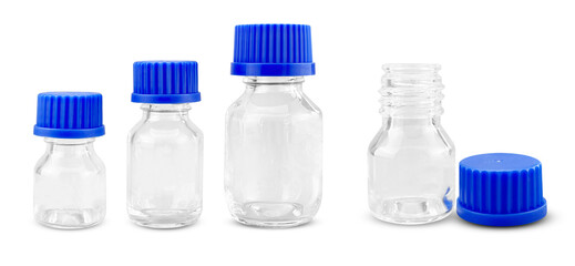 Set of transparent glass bottles with blue screw caps, displayed in different sizes and arrangements. Ideal for medical, laboratory, pharmaceutical, or cosmetic storage.
