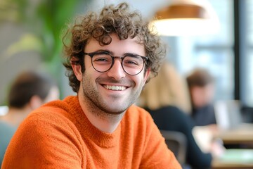 A young man with curly hair and glasses wearing an orange sweater smiles in a bright, casual indoor setting. Concept Casual Indoor Portrait, Young Man Style, Curly Hair Fashion, Bright Environment
