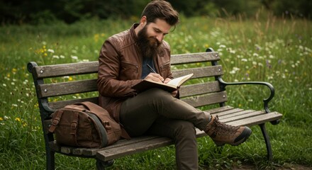 Fototapeta premium Man in brown leather jacket sitting on a park bench writing in a notebook surrounded by flowers
