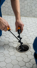Unclogging Drain: Auger Tool, Sink Repair, & Home Plumbing Fixes for DIY Drain Cleaning on White Hexagon Tile Bathroom Floors