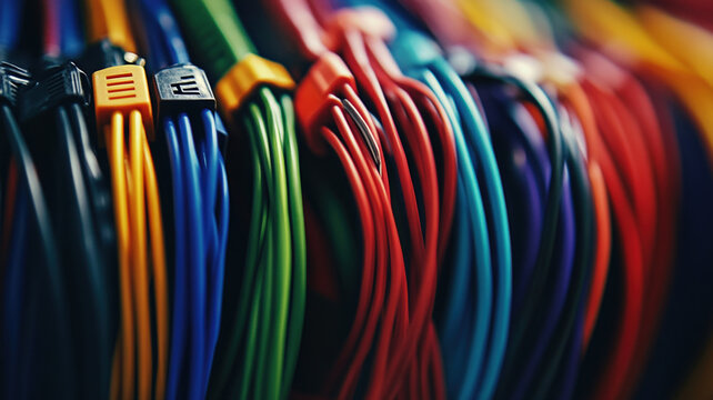 Close-up of colorful electrical cables arranged in a row, symbolizing technology, data transmission, and connectivity.