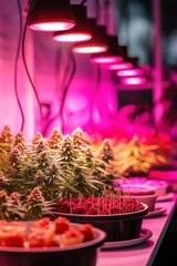 Indoor cannabis plants under pink grow lights.