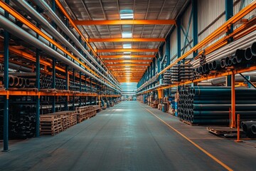 Obraz premium Warehouse filled with industrial pipes and stacks of pallets in vibrant lighting at midday