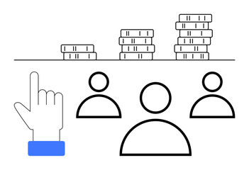 Hand gesture near coins and abstract figures, emphasizing resource allocation, teamwork, funding, and business planning. Ideal for finance, economy, team management, investments decision dynamics