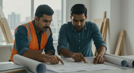 Two construction professionals analyzing blueprints in a bright office with city skyline view