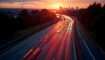 Obraz premium busy rush hour carriageway at sunset with dynamic traffic motion.