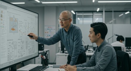 Two professionals engaged in a collaborative discussion in a modern office, analyzing technical diagrams