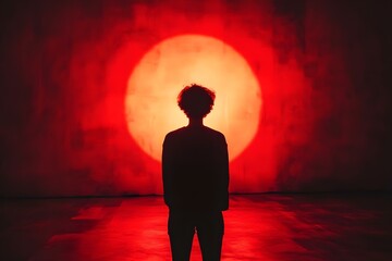 Fototapeta premium A silhouette of a person standing in front of a large, bright red sun-like backdrop. Concept Silhouette Photography, Dramatic Sun Backdrop, Bold Colors, Artistic Expression, Outdoor Portraits
