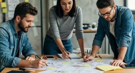 Collaborative brainstorming session in a modern office with three professionals analyzing ideas on paper