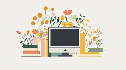 Colorful books, flowers, and computer