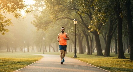 Obraz premium Man jogging in a serene park during sunrise, surrounded by trees and soft morning light