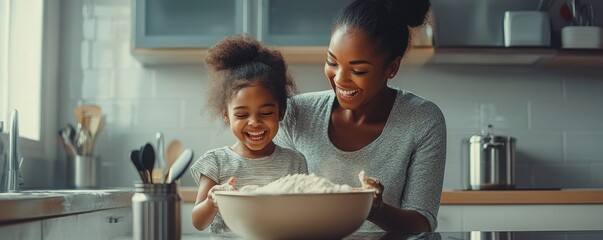 Mother and daughter joyfully baking together in a cozy home kitchen