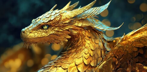 Beautiful detailed dragon shimmering with metallic gold and blue hues