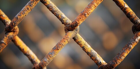 Close up photograph of a rusty metal chain link fence