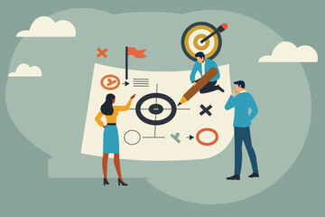 Business Strategy Meeting. Minimalist illustration of a diverse team collaborating on data charts. Perfect for presentations, reports, and marketing materials.