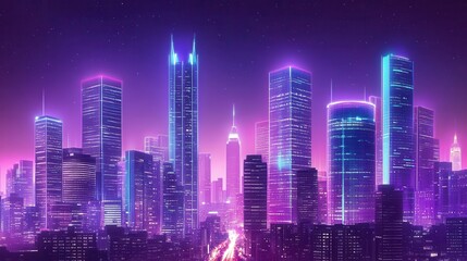 Fototapeta premium Neon Cityscape at Night Glowing Skyscrapers and Stars