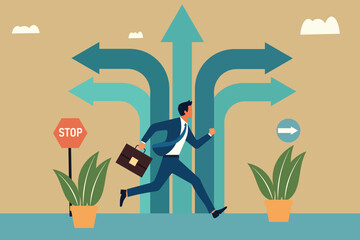 Businessman running toward multiple arrow pathways, symbolizing career decisions, future opportunities, and paths to success. Concept of choosing the right direction for career growth.