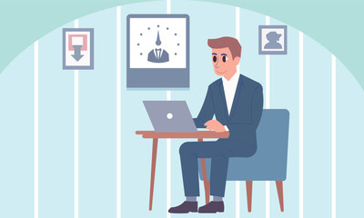 Happy businessman is sitting at desktop. Work the computer, financial analytics. Office worker or company employee. Front and back side