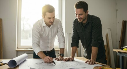 Two men discussing architectural plans in a bright workshop, surrounded by construction materials