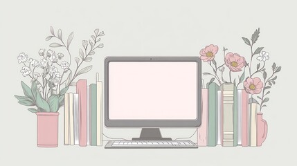 Simple Workspace with Computer and Flowers