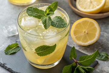 mojito cocktail on wooden table ice cube and sparking soda water with colorful colors cup at a bar