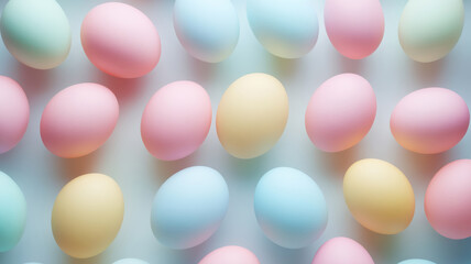 Vibrant pastel eggs arranged in a seamless pattern, showcasing a minimalist and artistic design. The soft colors and fisheye perspective add a modern touch to the composition